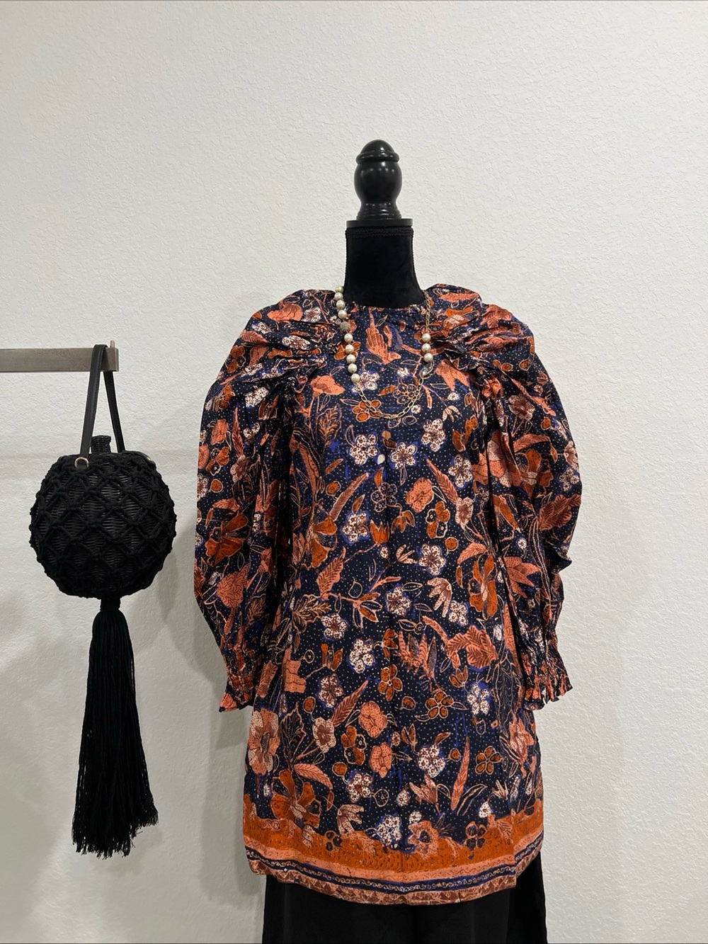Navy & Rust Floral Puff-Sleeve Women's Top